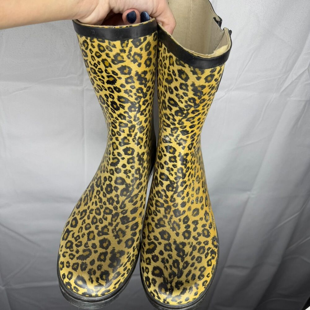 Women Mid-Calf Rubber Rain Boots with Leopard Print, Size 11